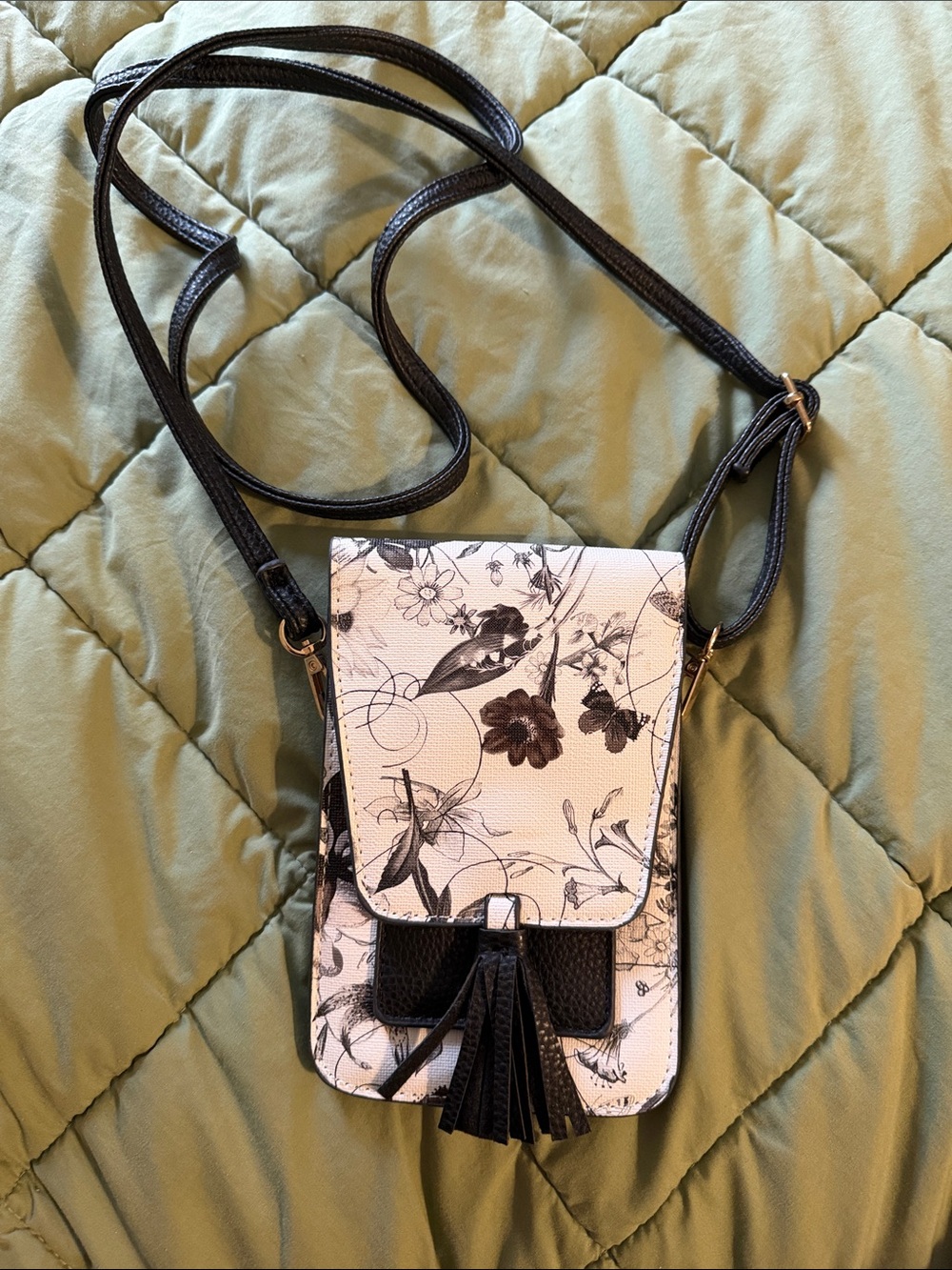 Floral Black & White Crossbody Phone Bag with Tassel